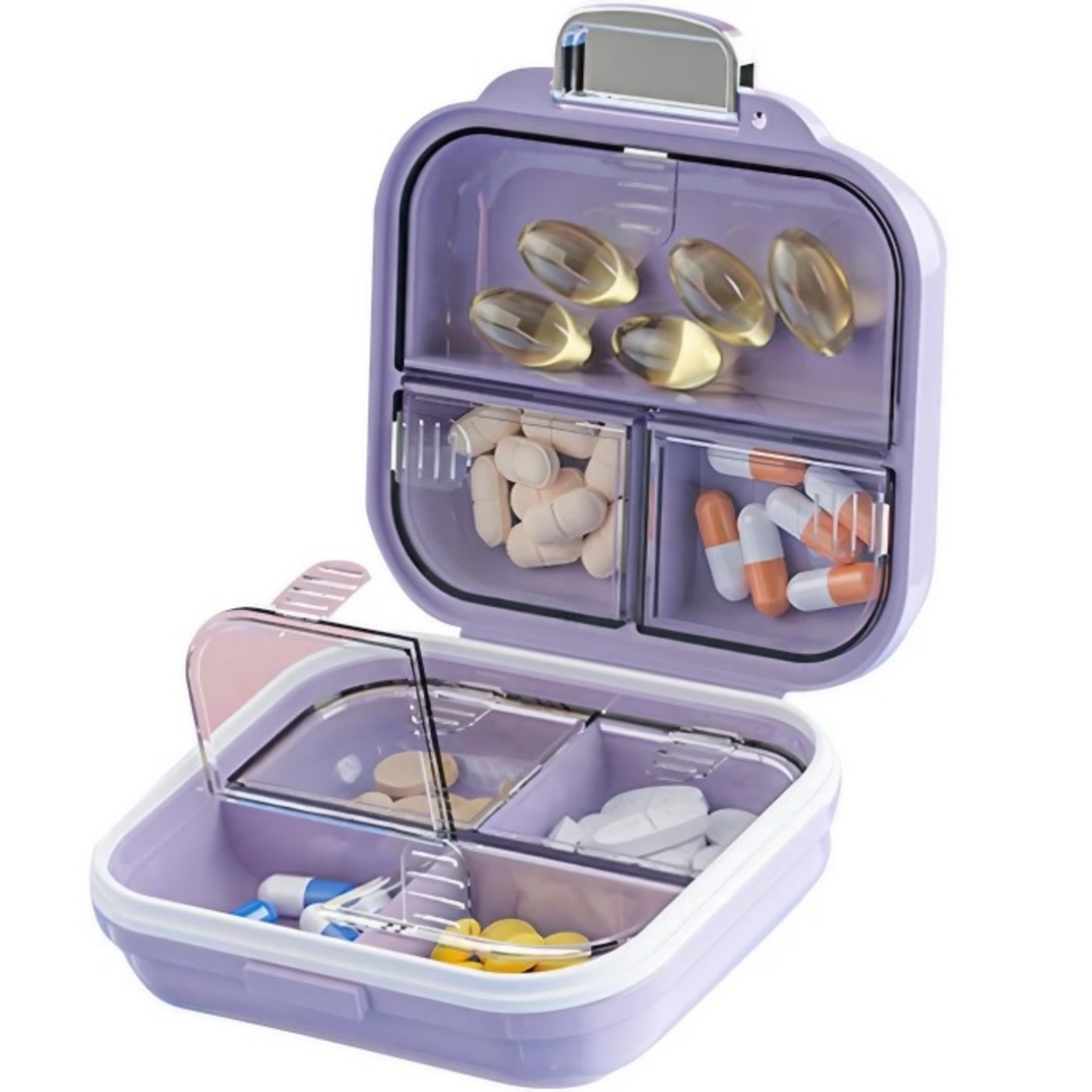 Cutie Medicamente, Flippy, Mov, 7 Compartimente, Portabila si Compacta, 7.8x7.2x3.5 cm, Ideala pentru Uzul Cotidian