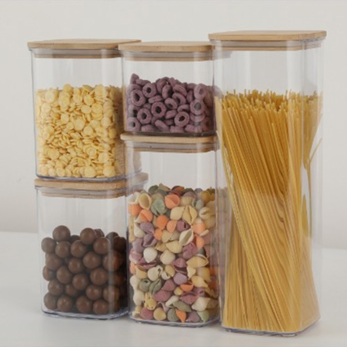Cutii de Depozitare Alimente, Flippy, Set din 5 Cutii de tip Container, Cutii pentru Cereale, din Plastic, Capac din Bambuc, 1pc 0.5 l. 2pc 0.8 l, 2pc 1.2 l, 1pc 1.9 l,  Transparente