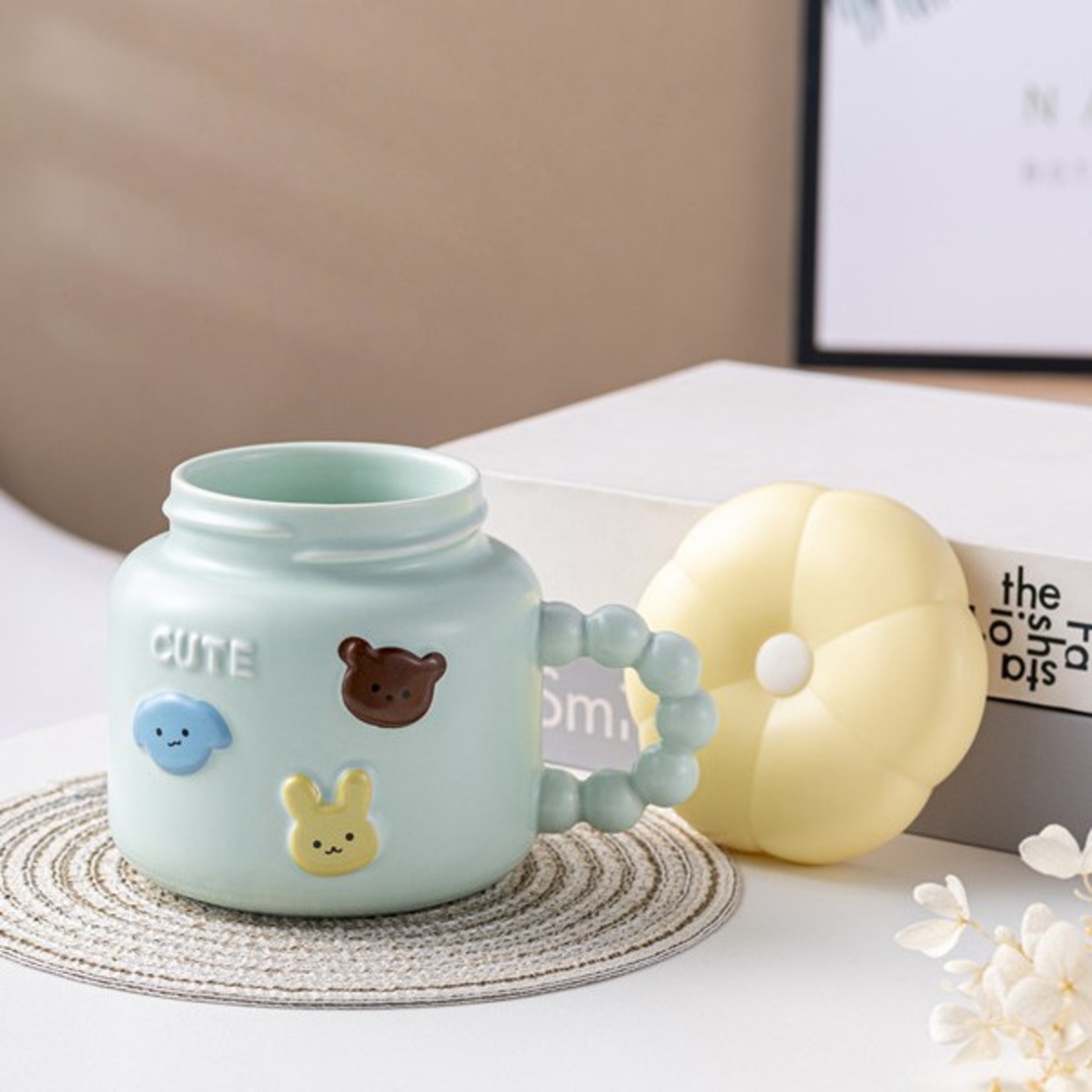 Cana pentru Copii, Flippy, din Portelan, print Figurine Animalute, Model CUTE, Cana cu Capac, Ceasca pentru Cafea, Ceai, 400ml Albastru deschis