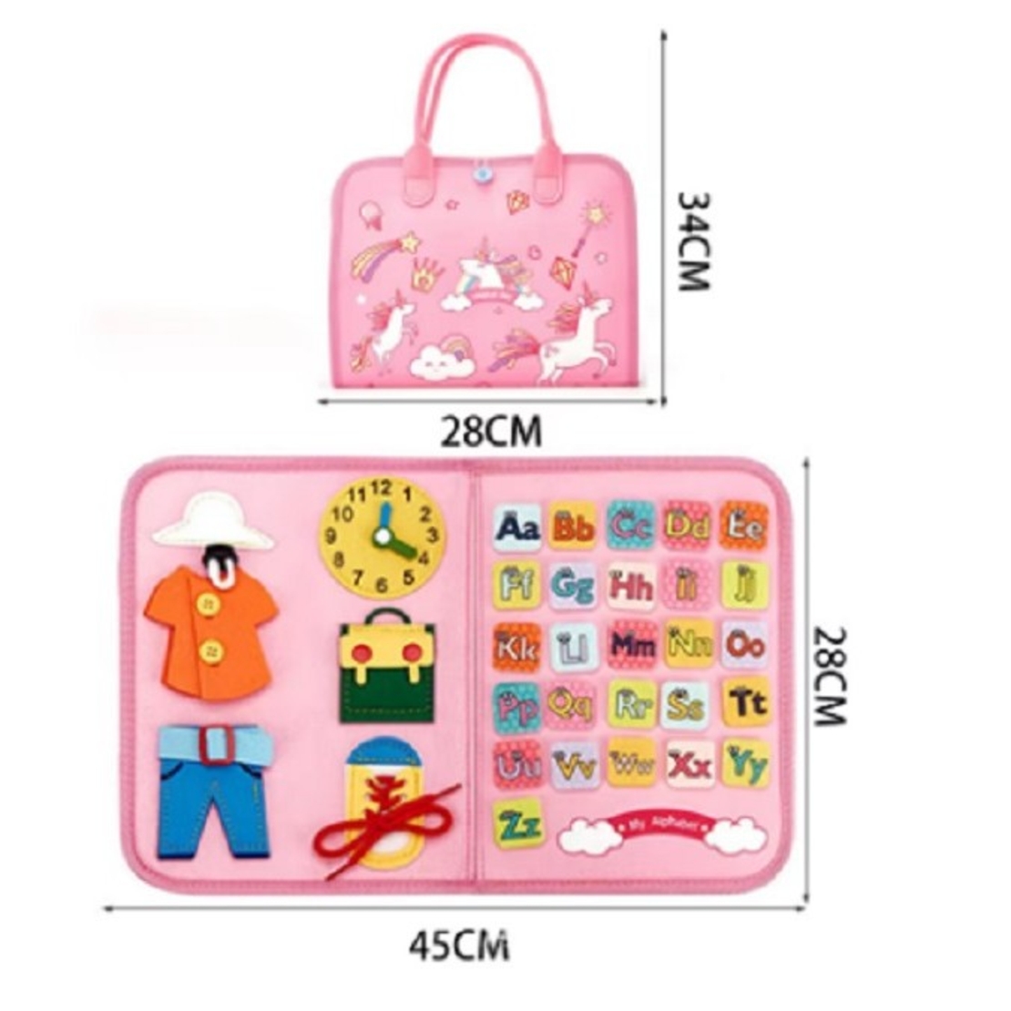 Carte Senzoriala Educativa Montessori, Flippy, Dezvoltare Abilitati Motorii, 5 Pagini, Model Unicorni, 28x22x7 cm, Roz