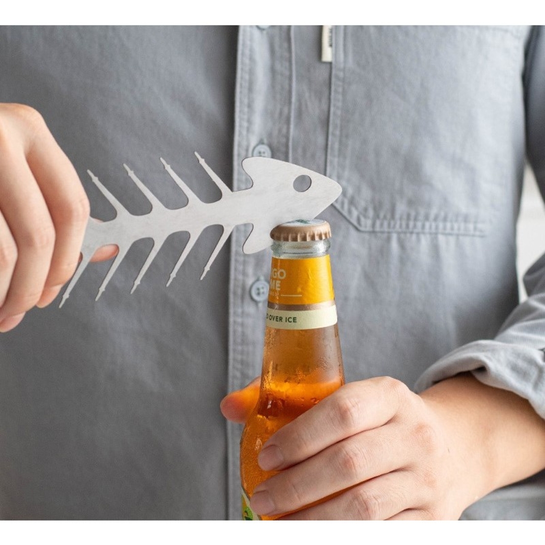 Forma pentru Frigarui, Flippy, Model Oase de Peste, din Otel Inoxidabil, Instrument pentru Gratar, BBQ, cu Deschizator de Sticle, 30x6 cm, Argintie