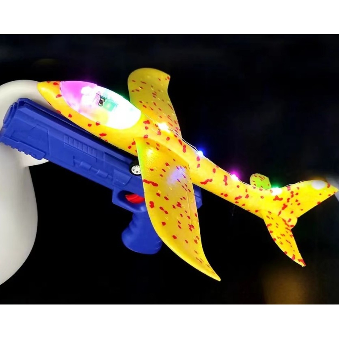 Pistol cu Lansator de Avion, Flippy, din Polistiren+Plastic, +3 Ani, Avion 38 cm, Lansare 10 m, cu Lumini si Roti, Galben/Albastru