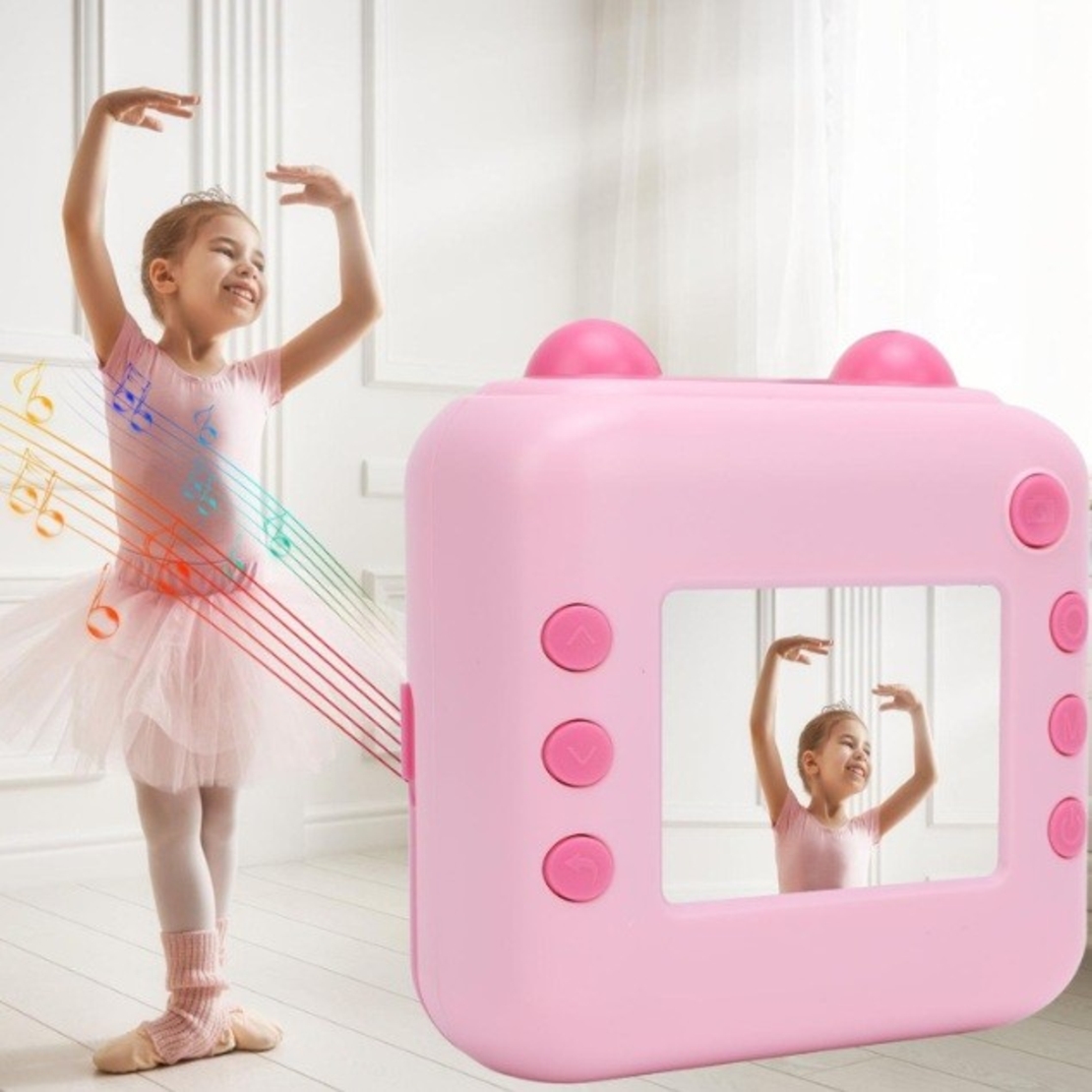 Camera Instantanee pentru Copii, Flippy, cu Functie de Printare, Cablu USB-C, Bluetooth, compatibil iOS/Android, Imprimare APP, Model Urechi, Snur Subtire Inclus, Roz