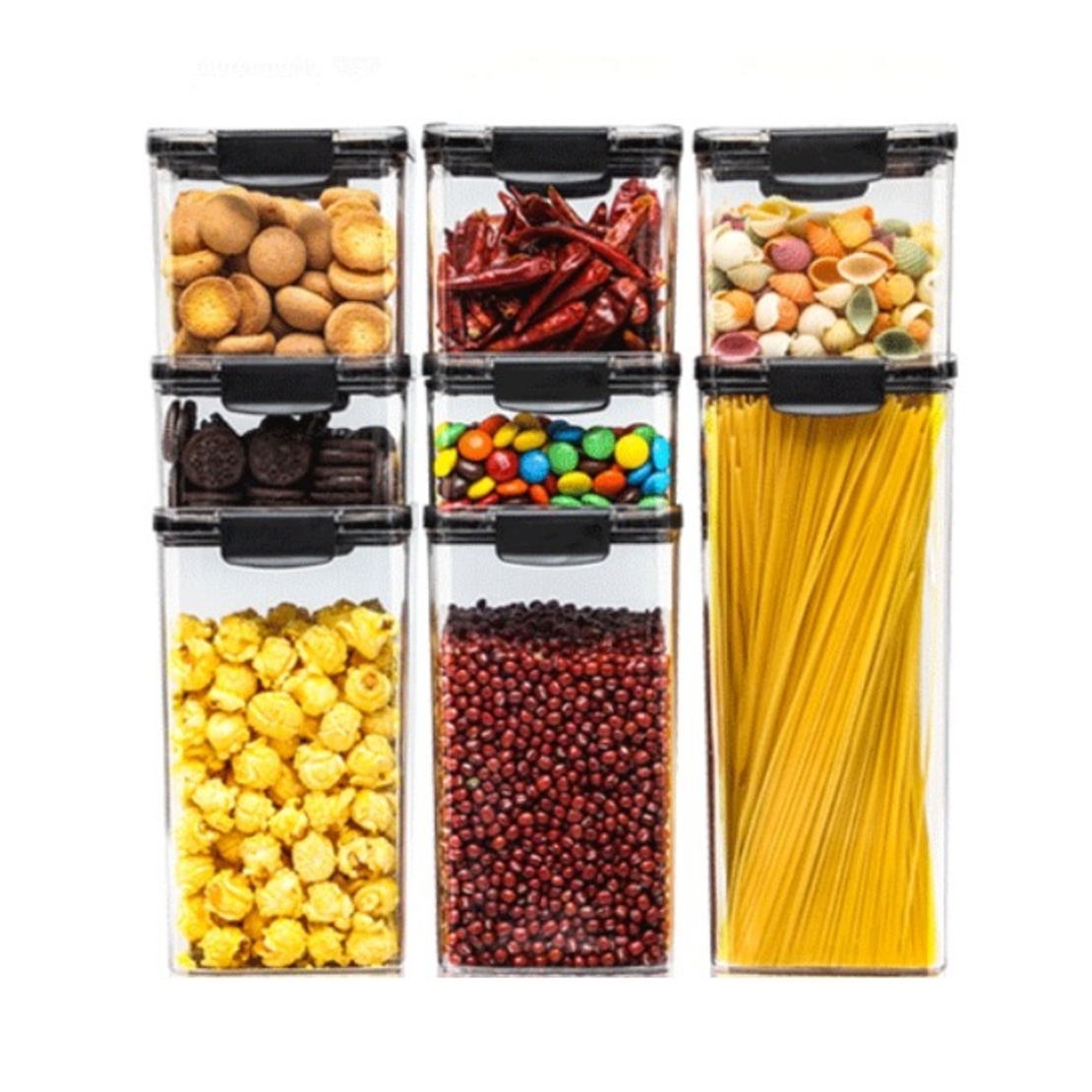 Set 8 Recipiente din Plastic, Flippy, pentru Alimente/Obiecte, Inchidere Ermetica, 2 x 460 ml, 3 x 700 ml, 2 x 1300 ml, 1 x 1800 ml, Transparent