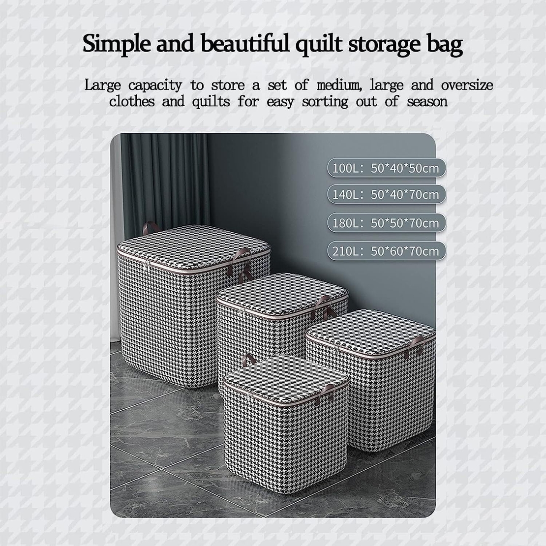 Cutie de Depozitare cu Fermoar, Flippy, Pliabila, Maner Ranforsat, Fermoar Rezistent, pentru Haine, Paturi, Plapumi, Perne, Lenjerii de Pat, Jucarii, 50x50x70 cm, 180 Litri, in Carouri, Alb-Negru