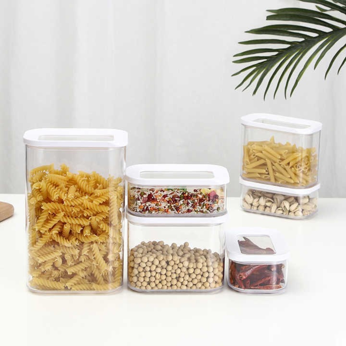 Set 5 Cutii de Depozitare Alimente, Flippy, Capac Alb, din ABS+Silicon, 23 x 15 x 27 cm, Transparent