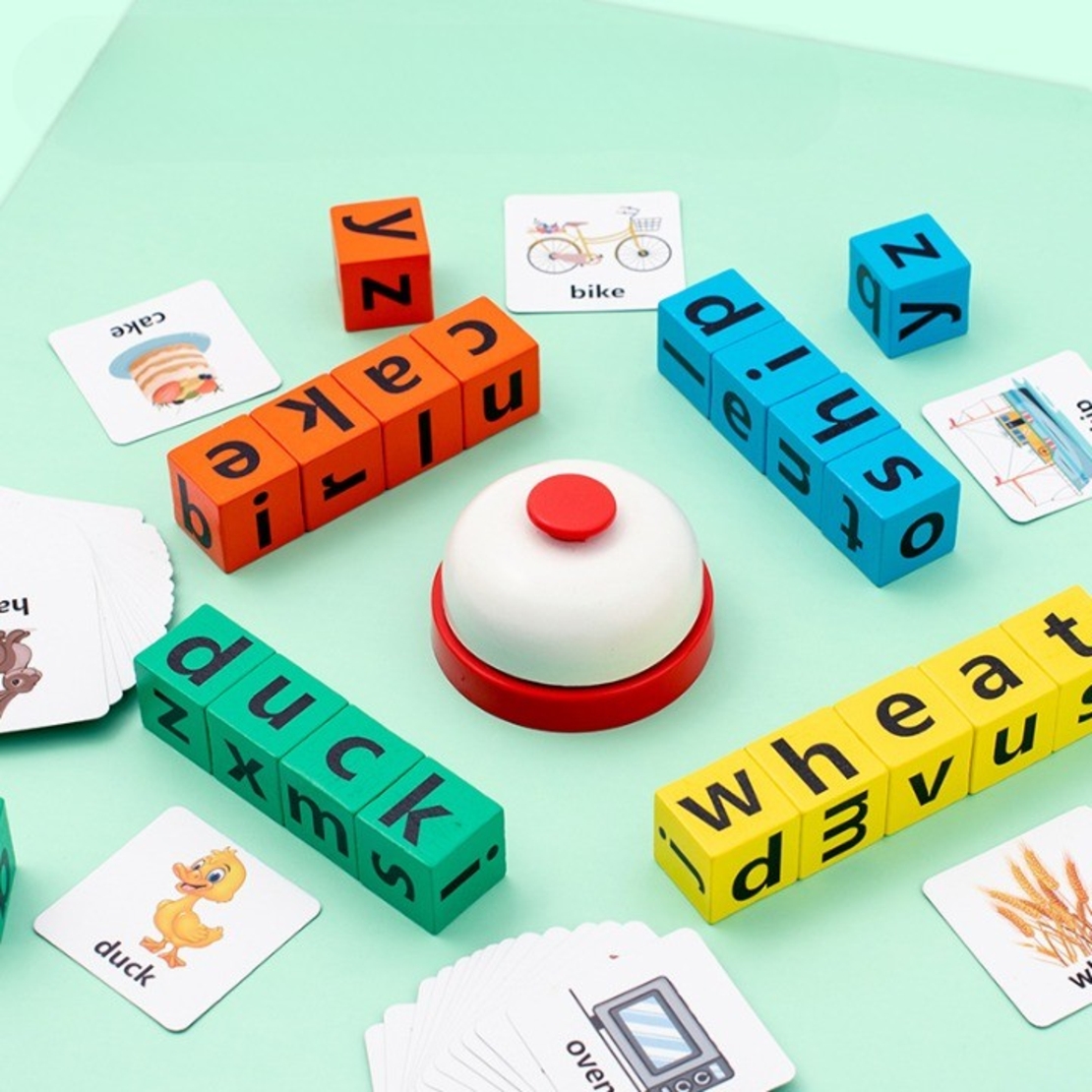 Joc cu Blocuri din Lemn, Flippy, Formare Cuvinte, Cartonase cu Obiecte si Animale, Clopotel, Joc pentru 4 Persoane, 3 Ani+, 28x15.5x5 cm, Multicolor