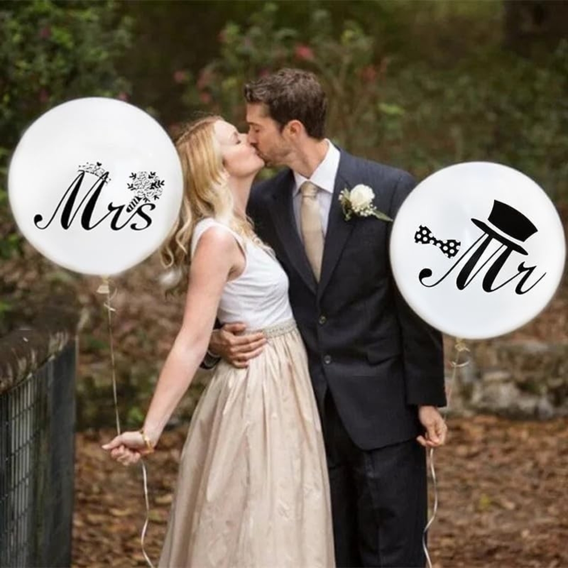 Set 10 Baloane din Latex, Flippy, Model Party Casatorie, Mr&Mrs Just Married, 2.8 g, 30 cm, Alb/Negru