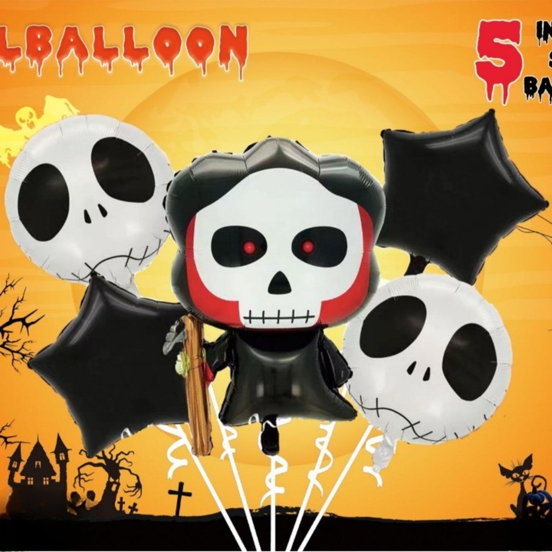 Set 5 Baloane din Folie Metalizata, Flippy, Figurine, Tema Halloween, Pai Inclus, Ambalaj Individual, Umflare cu Aer sau Heliu, Figurina Craniu 50.5x74 cm, Stelute si Cerculete 45 cm, Alb-Negru