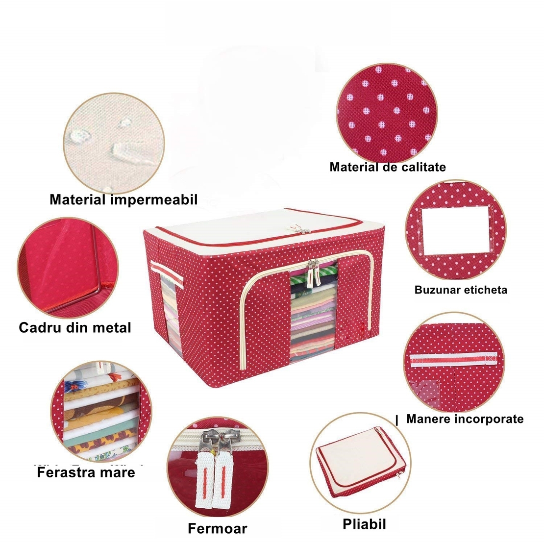 Cutie de Depozitare Pliabila, Flippy, cu Fermoar, 100 L, Textil, 60x42x40 cm, O Fereastra, Cadru Metalic, Suport Baza Stabil din Plastic, imprimeu punctat, Rosu