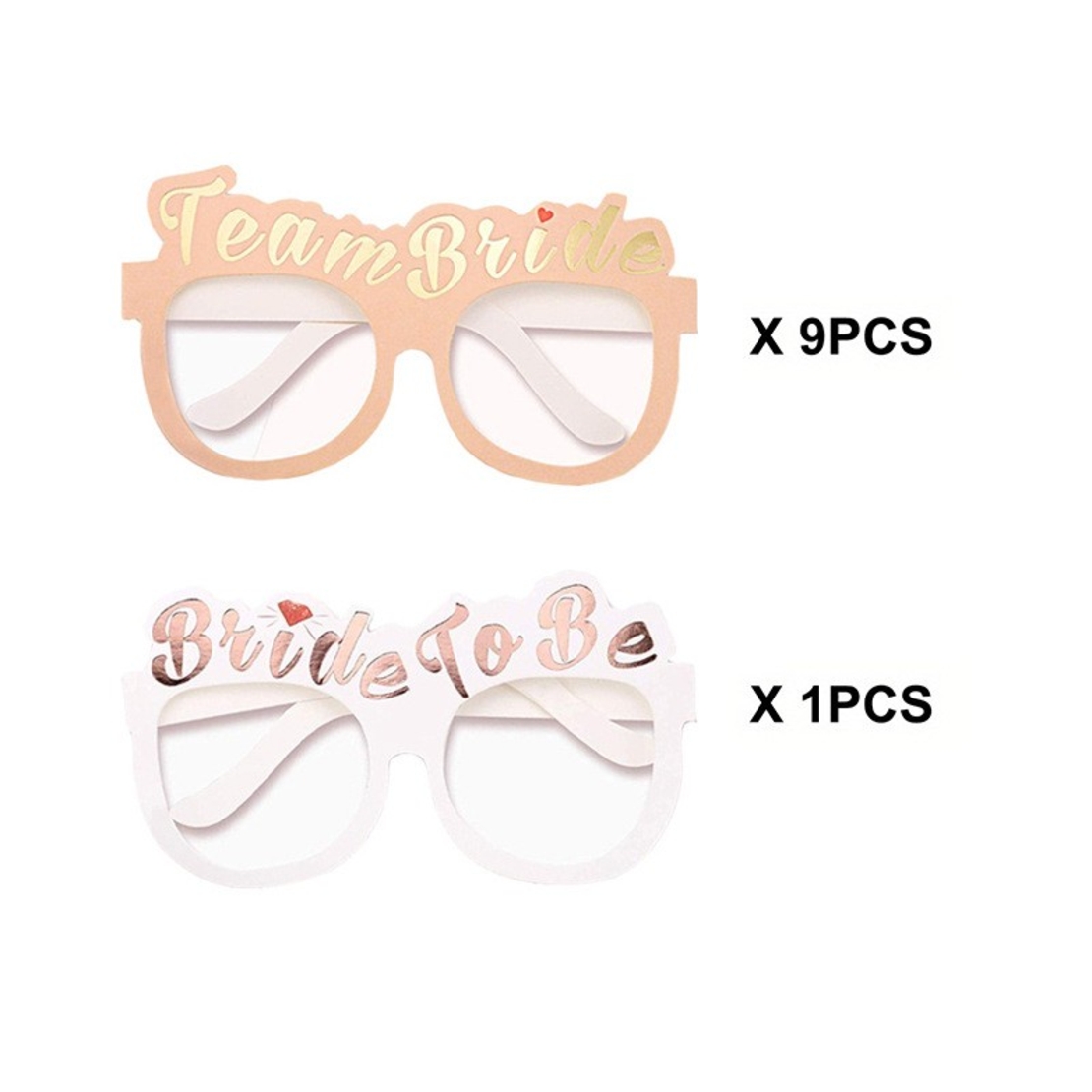 Set 10 Ochelari, Flippy, Tematica Petrecerea Burlacitelor, Model Team Bride si Bride to Be, 9 x Roz, 1 x Alb