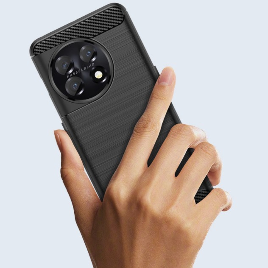 Husa Protectie pentru OnePlus 11, Flippy, din Silicon TPU Moale, Textura Periat, Anti Cadere, cu Element Carbon, Negru