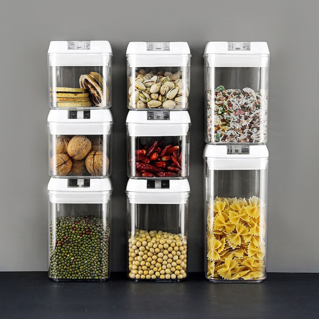 Set 7 Recipiente din Plastic, Flippy, pentru Alimente/Obiecte, Inchidere Ermetica, 2 x 0.5l, 2 x 0.8l, 2 x 1.2l, 1 x 1.9 l, Capac Alb, Transparent