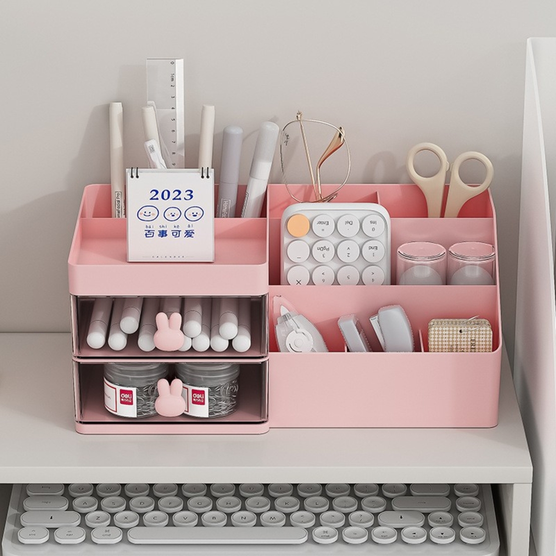 Cutie de Depozitare pentru Birou, Flippy, Pentru Makeup, Papetarie, Organizator Cosmetice, 2 Sertare si Compartimente Multiple, Model Iepuras, Plastic, 27.5x15.5x12 cm, Roz