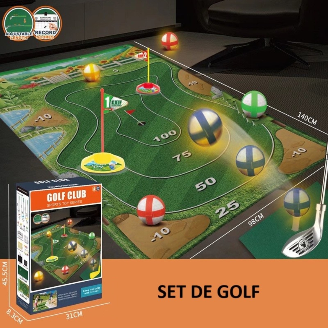 Set de Golf, Flippy, Interactiune Parinte-Copil, Covor de Golf, 140 x 98 cm, 4 Mingii cu Scai, 3 Crose Reglabile, Model B, +3 Ani, Multicolor