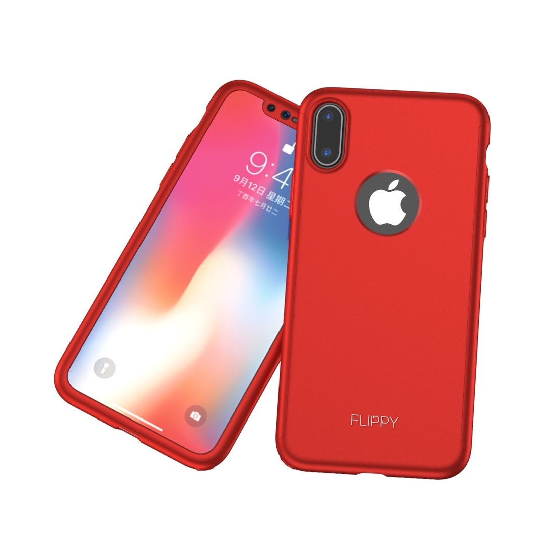 Set Husa si Folie de Protectie, Flippy, Compatibila cu Apple iPhone X, Full Cover 360°, Plastic + Sticla, Rosu