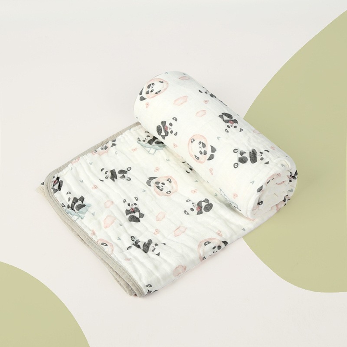 Prosop de baie din bumbac si tifon pentru Bebelusi, Flippy, cu Sase Straturi, pentru Copii, 110x110 cm, Model Panda, Bej Verde