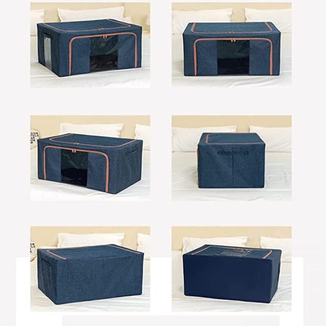Cutie de Depozitare Pliabila, Flippy, Cu Fermoar, 24 L, Textil, 40x30x20 cm, Cadru Metalic, Suport Baza Stabil din Plastic, Albastru Marin cu Doua Ferestre