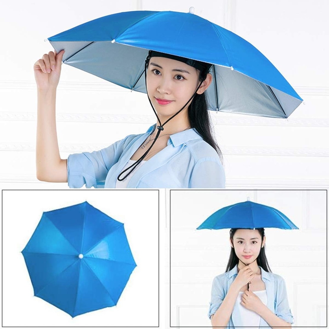 Umbrela de Cap, Flippy, Diametru 69 cm, Snur Reglabil de Cap, Protectie UV/Ploaie, Albastru Inchis