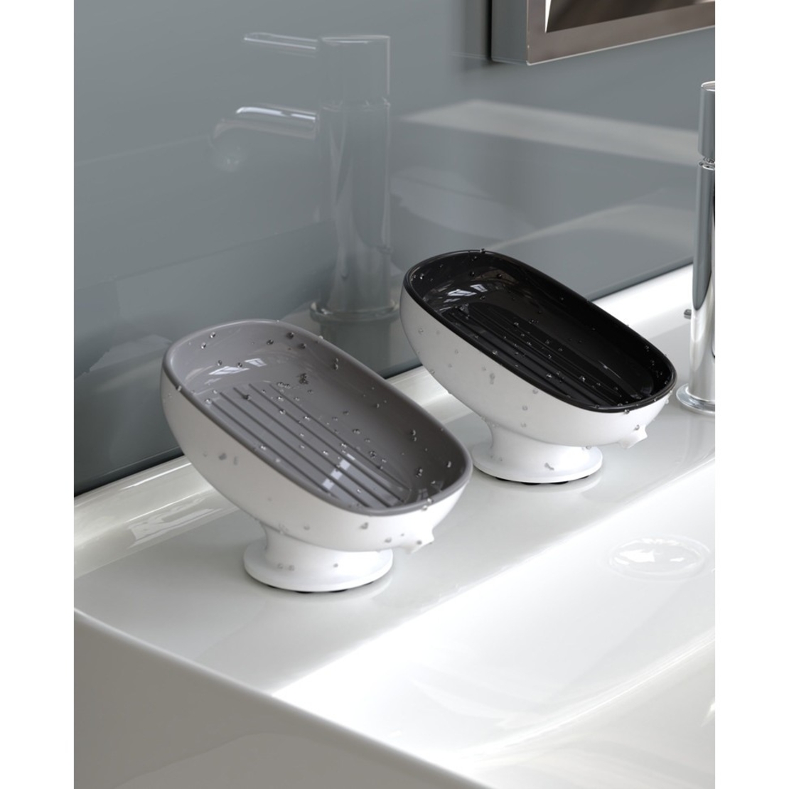 Savoniera din Plastic, Flippy, cu Ventuza, Design Modern, Gri