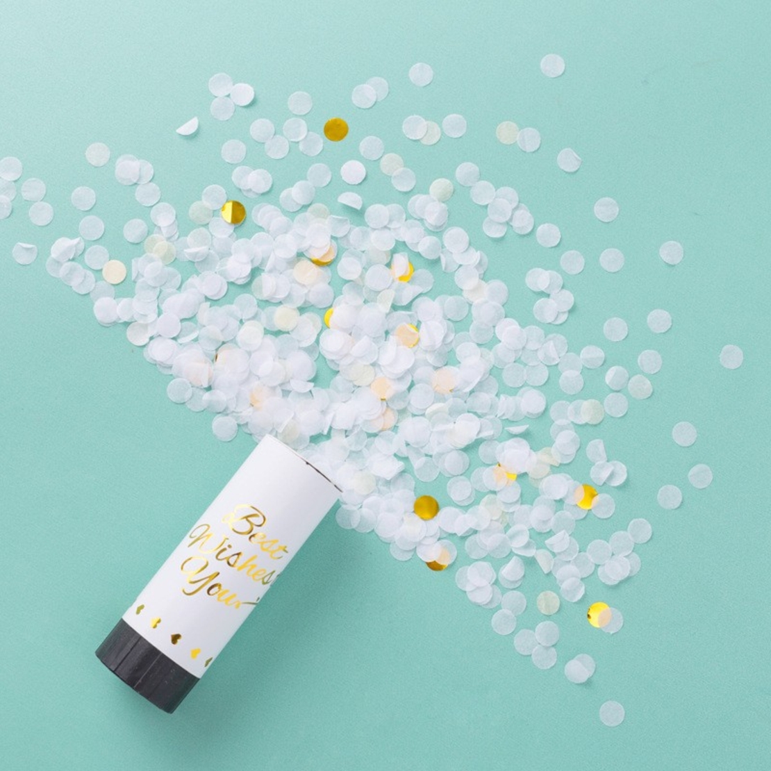 Tun de Confetti, Flippy, Best Wishes 11 x 4 cm, Model Buline din Hartie si Folie, Alb