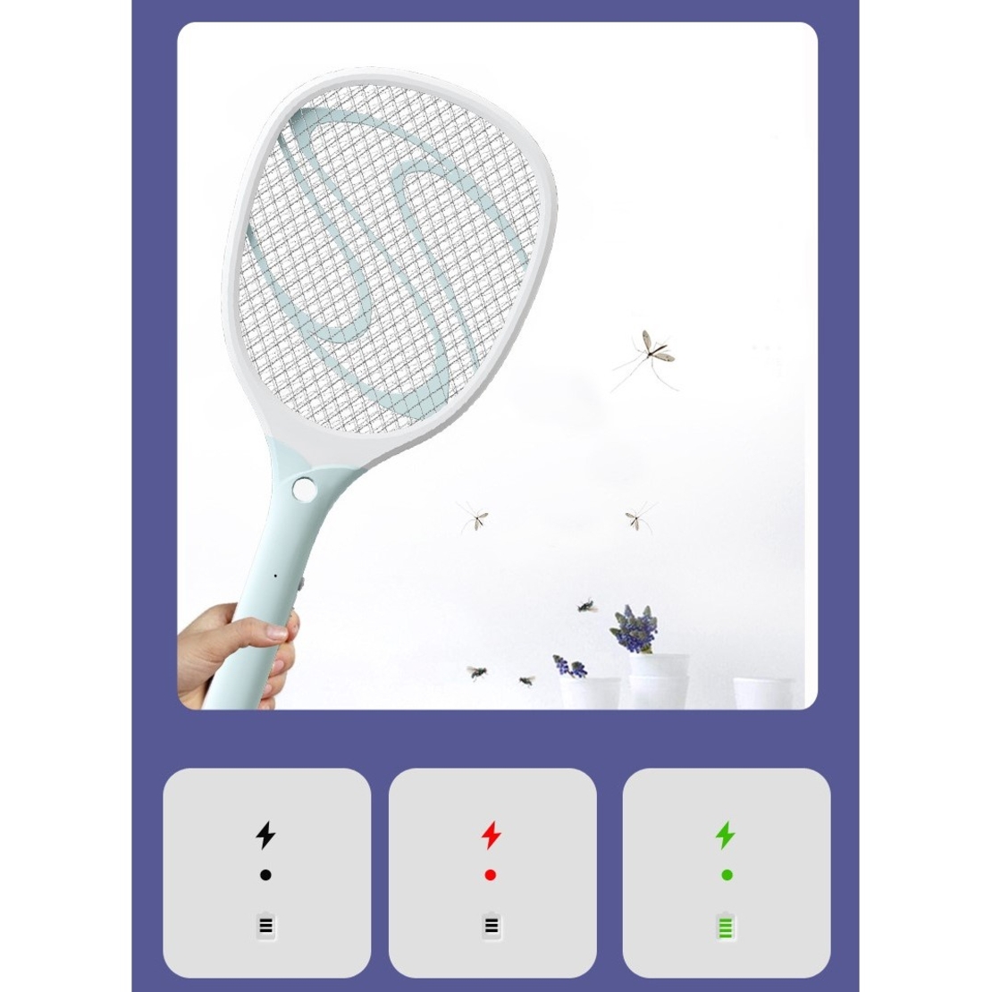 Paleta Electrica pentru Tantari, Muste sau Insecte LED, Flippy, Reincarcabila, Incarcare USB, Plastic, Casa si Gradina, Anti-insecte, Alb-Albastru