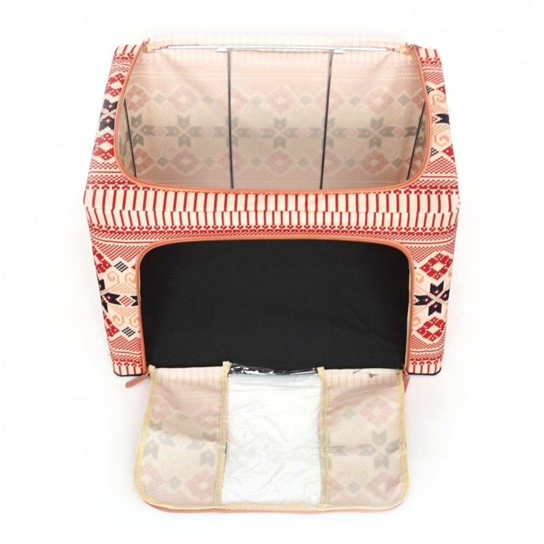 Cutie de Depozitare Pliabila, Flippy, 66 L din Bumbac si In, 52 x 42 x 39 cm, Fereastra Frontala, 2 Usi de Acces cu Fermoar Bidirectional, Cadru Metalic, Suport Baza Stabil din Plastic, Motiv Traditional Model 5