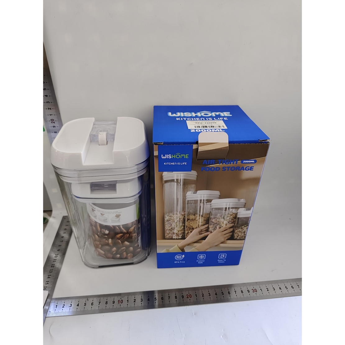 Cutii de Depozitare Alimente, Flippy, Set din 2 Cutii de tip Container, Recipiente pentru Cereale in Bucatarie, 0.8 L-10x15.5 cm, 2 L-12.5x12.5x21.5 cm, Transparente cu Capac Alb