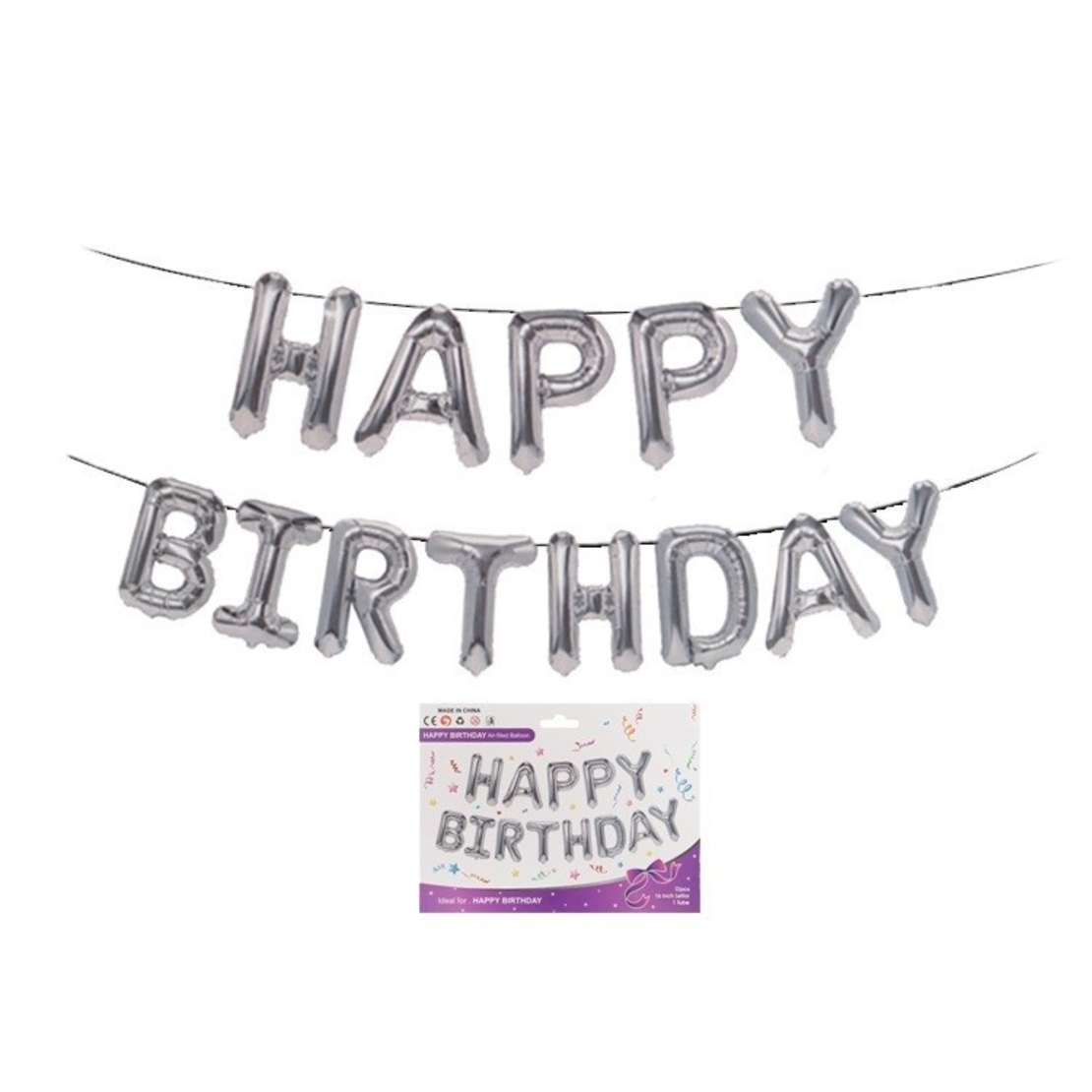 Set 13 Baloane Folie, Flippy, Tip Ghirlanda, Model Happy Birthday, 40 cm, Argintiu