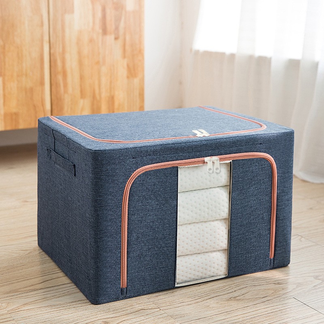 Cutie de depozitare pliabila, Flippy, Cu fermoar, 100 L, Textil, 60x42x40 cm, Cadru Metalic, Suport Baza Stabil din Plastic, Albastru Marin
