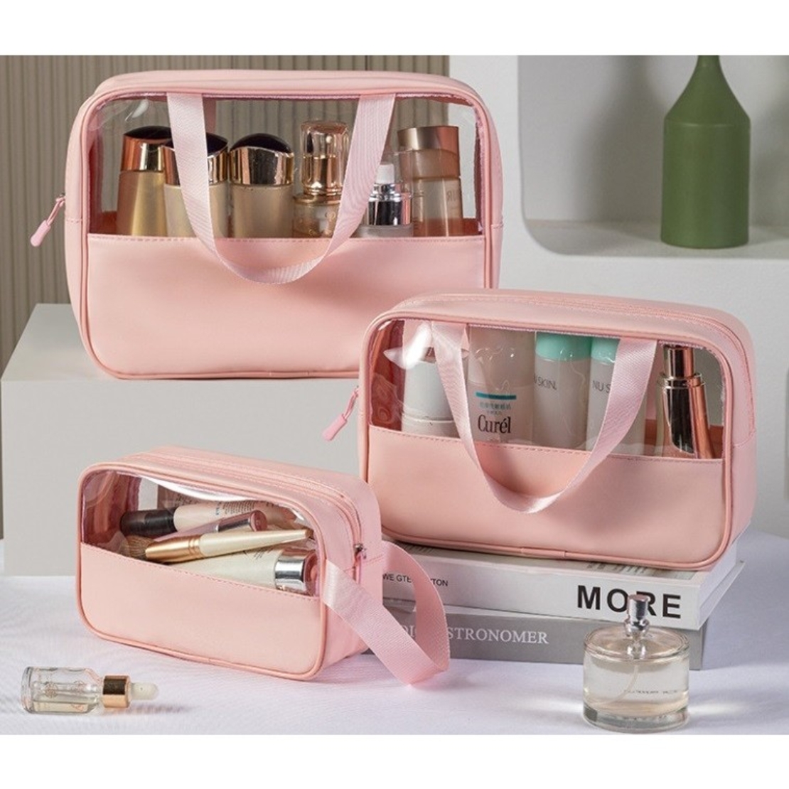 Geanta pentru cosmetice, Flippy, Geanta pentru Voiaj sau Organizarea produselor Cosmetice, Geanta pentru Machiaj, din PVC si PU, 26 x 15 x 10 cm, Roz