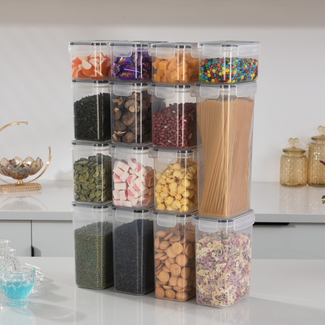 Cutii de depozitare alimente, Flippy, Set din 15 Cutii pentru Condimente, Cereale, Cutii pentru Bucatarie, din Plastic PP, Cutii Alimentare, Diferite Dimensiuni, Transparente