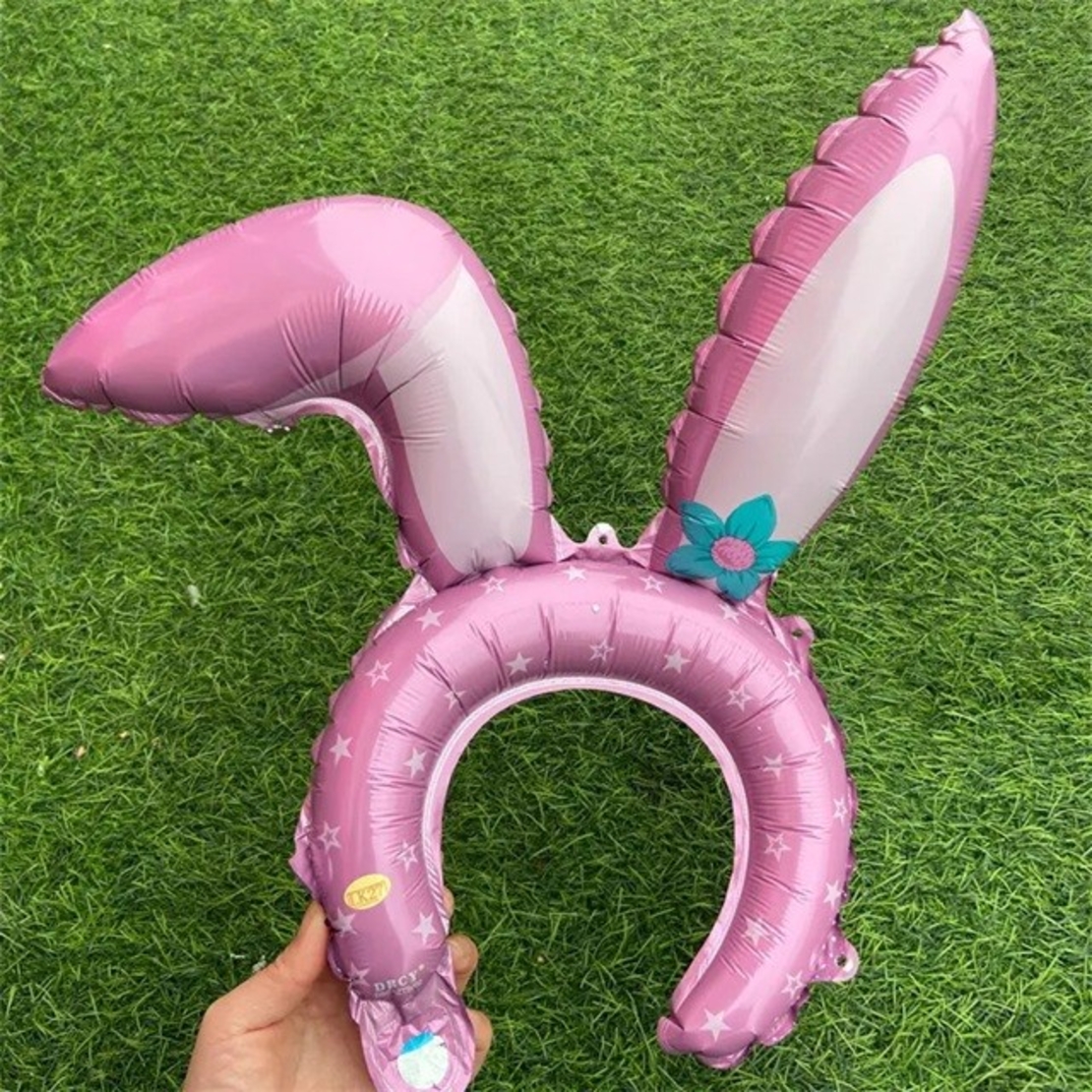 Balon din Folie Metalizata, Flippy, Tip Coronita cu Urechi, Model Iepure, Ambalaj Individual, Pai Inclus, Umflare cu Aer sau Heliu, 38 x 45 cm, Roz