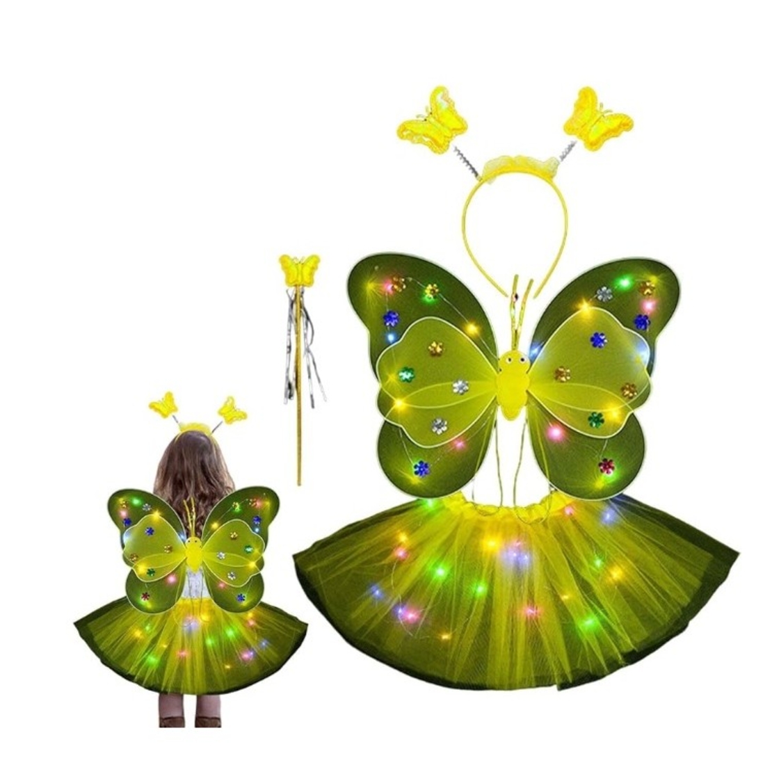 Costum Fluturas cu Aripi Modelabile Luminoase pentru Copii, Flippy, Fusta din Tul cu Lumini, Bagheta si Bentita, 4 piese, Pentru Halloween, Roleplay, Craciun, Carnaval, Paste, Ziua Copilului, Bumbac/Poliester, Marime universala, Galben