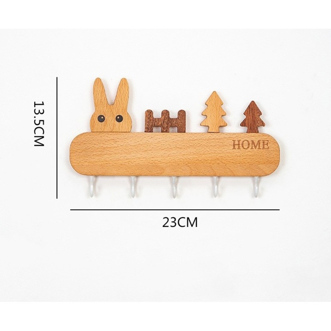 Suport pentru Chei, Flippy, din Lemn, Aplicare fara Perforare, Adeziv Inclus, 5 Carlige Albe, Model Iepure, Greutate Suportata 5 kg, 13.5 x 22 cm, Maro