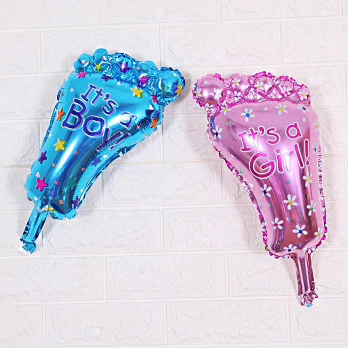 Set 3 Baloane din Folie Metalizata, Flippy, Figurine Picior 46x79 cm, Inima 45cm, Stea 45cm, Model It's a Boy, Tema Gender Reveal, Ambalaj Individual, Pai Inclus, Umflare cu Aer sau Heliu, Albastru