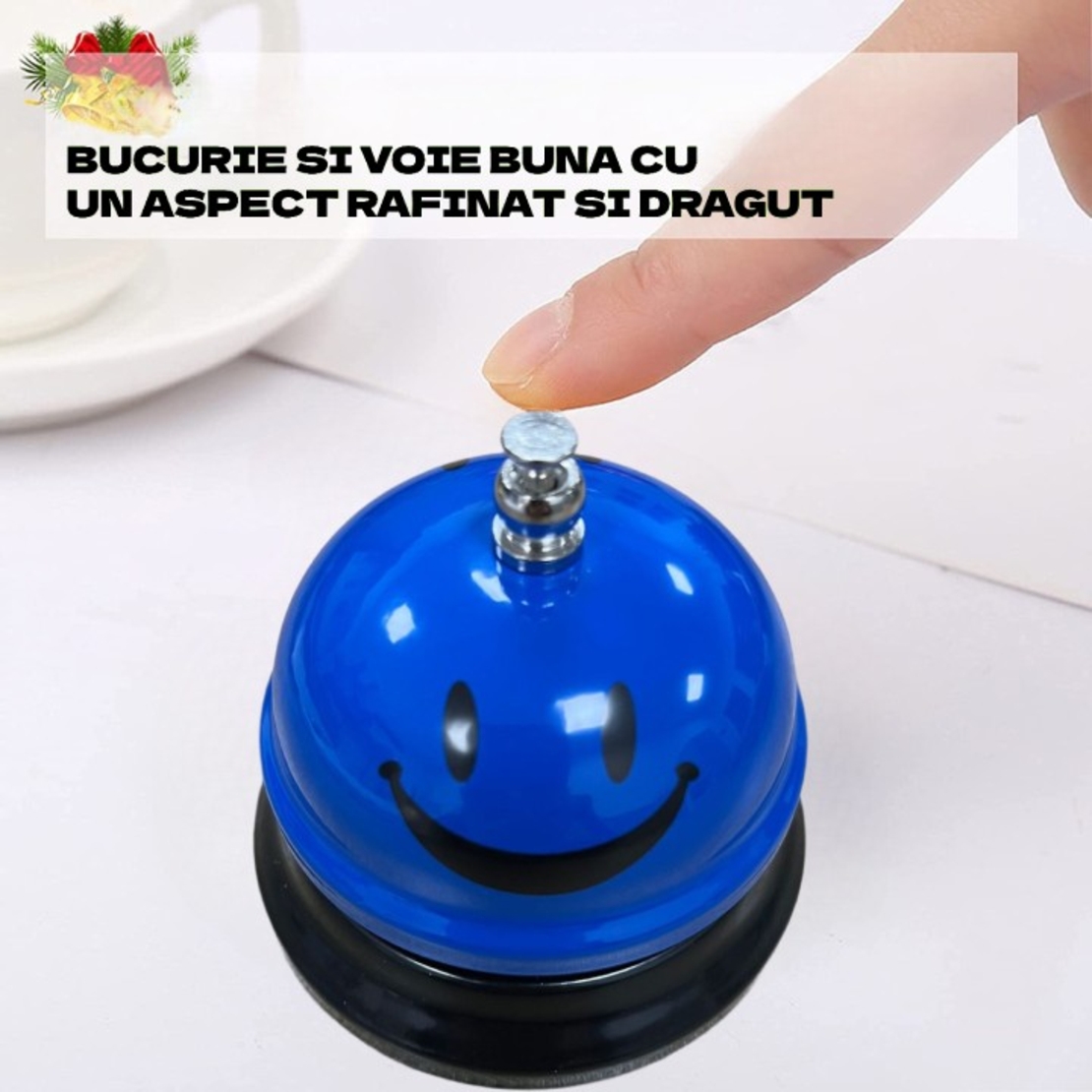 Clopotel Metalic Multifunctional, Flippy, Albastru cu Imprimeu Smiley Face, 7.5x7.5x6.5 cm, Receptie, Restaurant, Cafenele