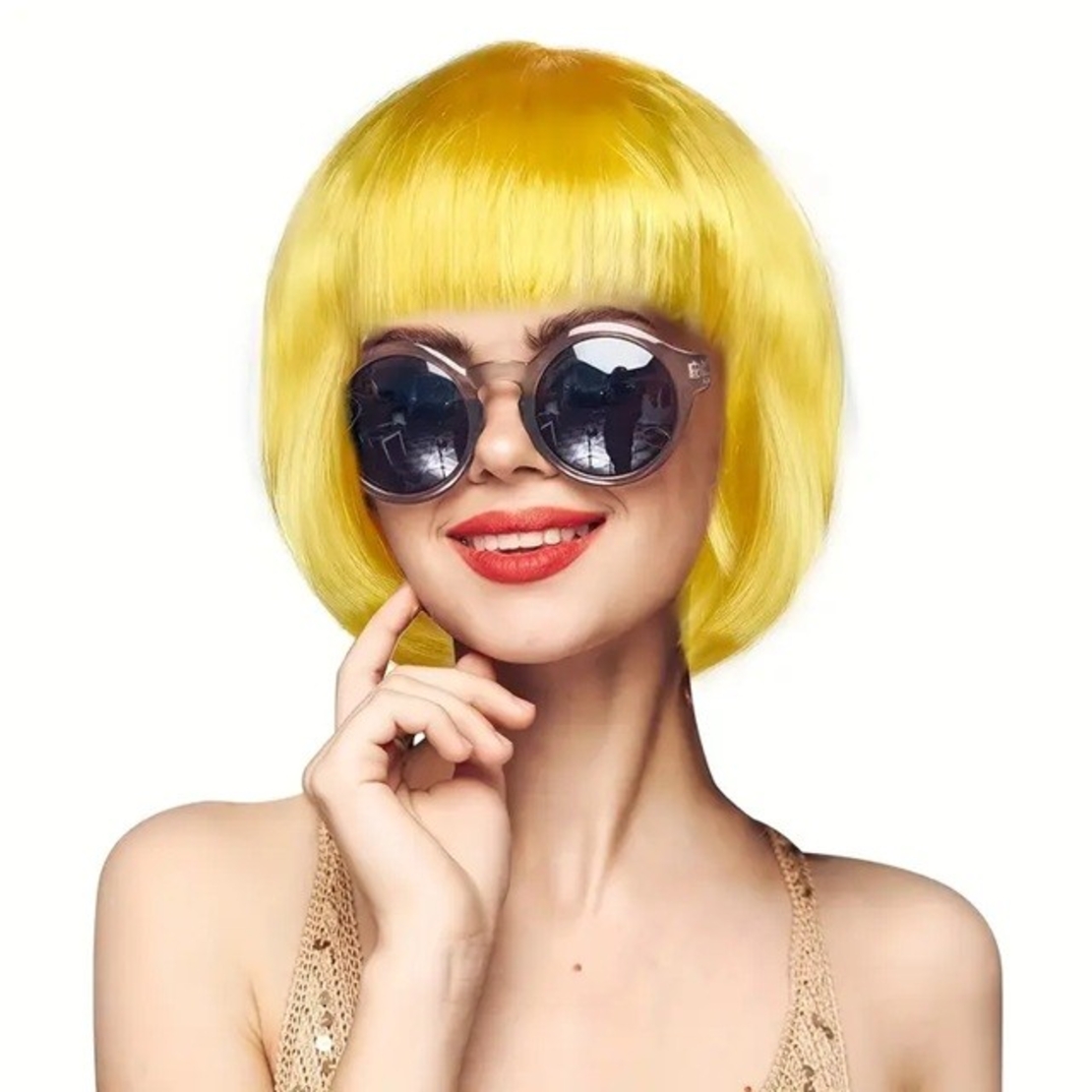 Peruca Cosplay, Flippy, Tunsoare Bob cu Breton, pentru Carnaval, Halloween, Petreceri Tematice, din PET, Marime Universala, Galben