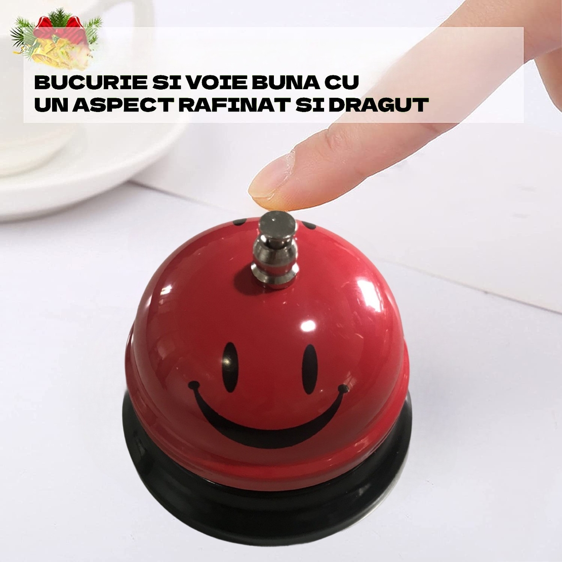 Clopotel Metalic Multifunctional, Flippy, Rosu cu Imprimeu Smiley Face, 7.5x7.5x6.5 cm, Receptie, Restaurant, Cafenele