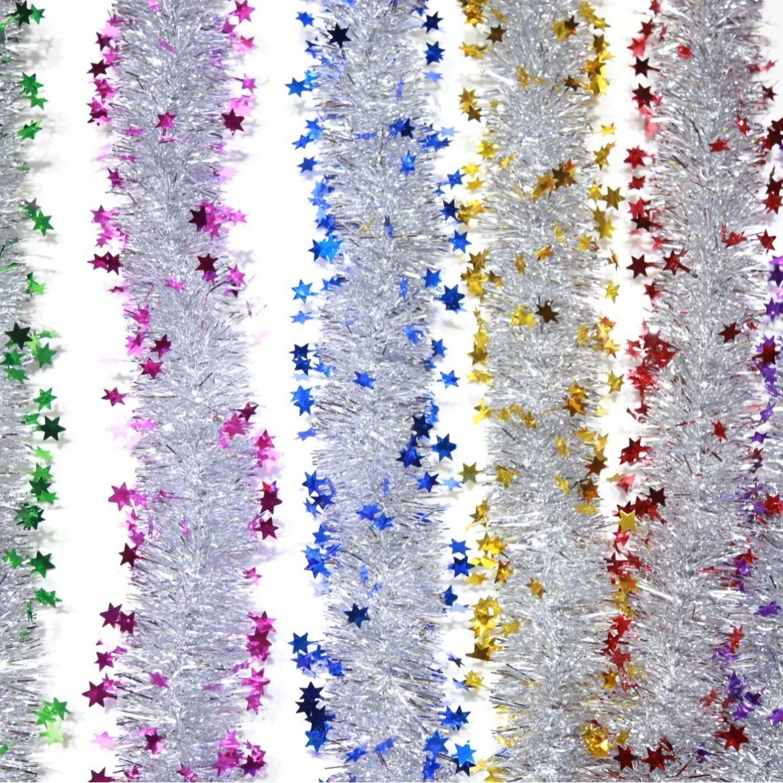 Beteala de Craciun cu LED, Flippy, 2 m, 5 cm Grosime, din PVC, Model cu Stelute, Artificiala, Mov/Argintiu