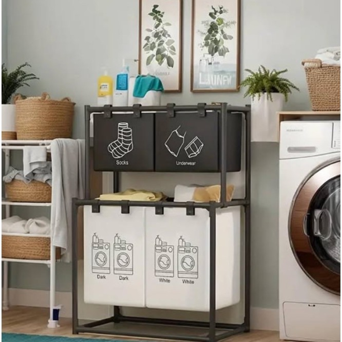 Cos de Rufe, Flippy, cu 2 Etaje, 4 Cosuri, Cadru de Otel Inoxidabil, 97x44x57 cm, Negru