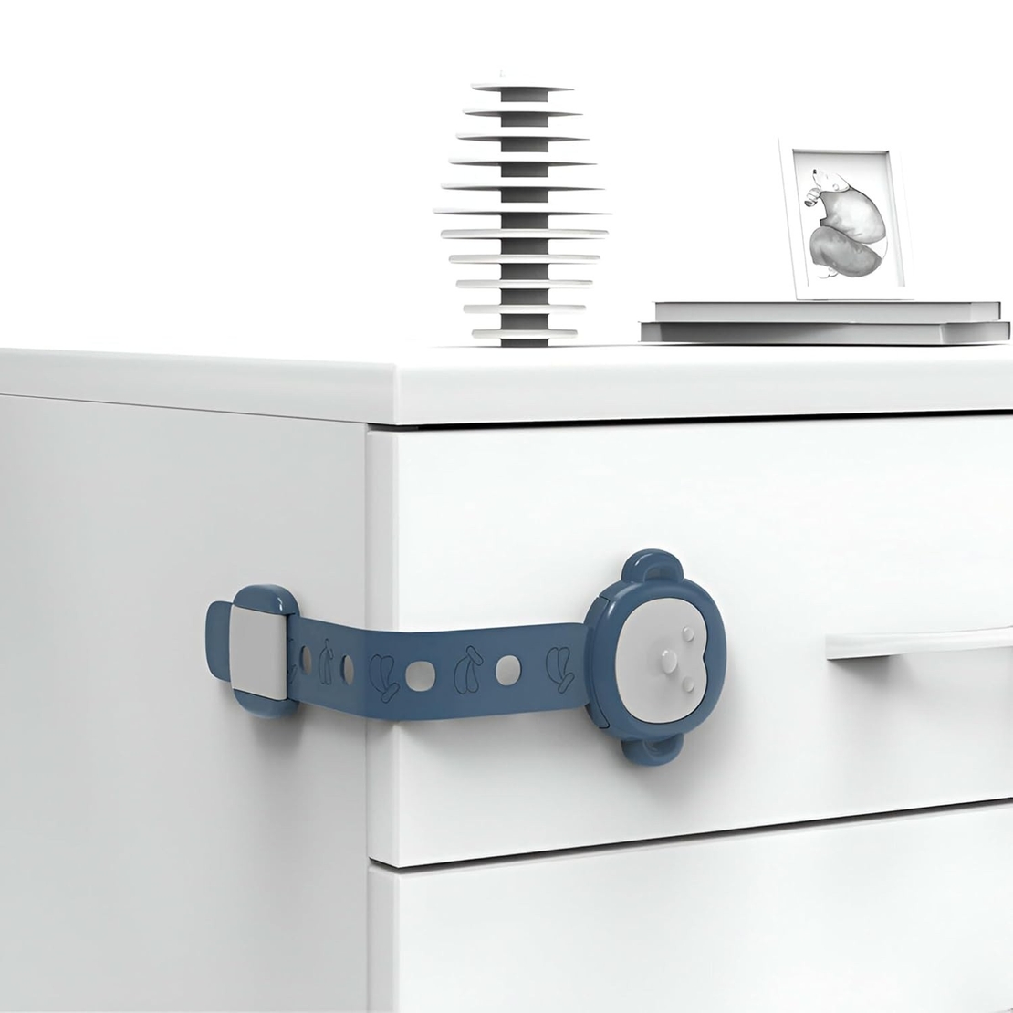 Siguranta pentru Usi Copii, Flippy, Sistem de Blocare Sertare, Dulap, Frigider, Adeziv, cu Sistem de Inchidere Dublu, Model Maimutica, Albastru