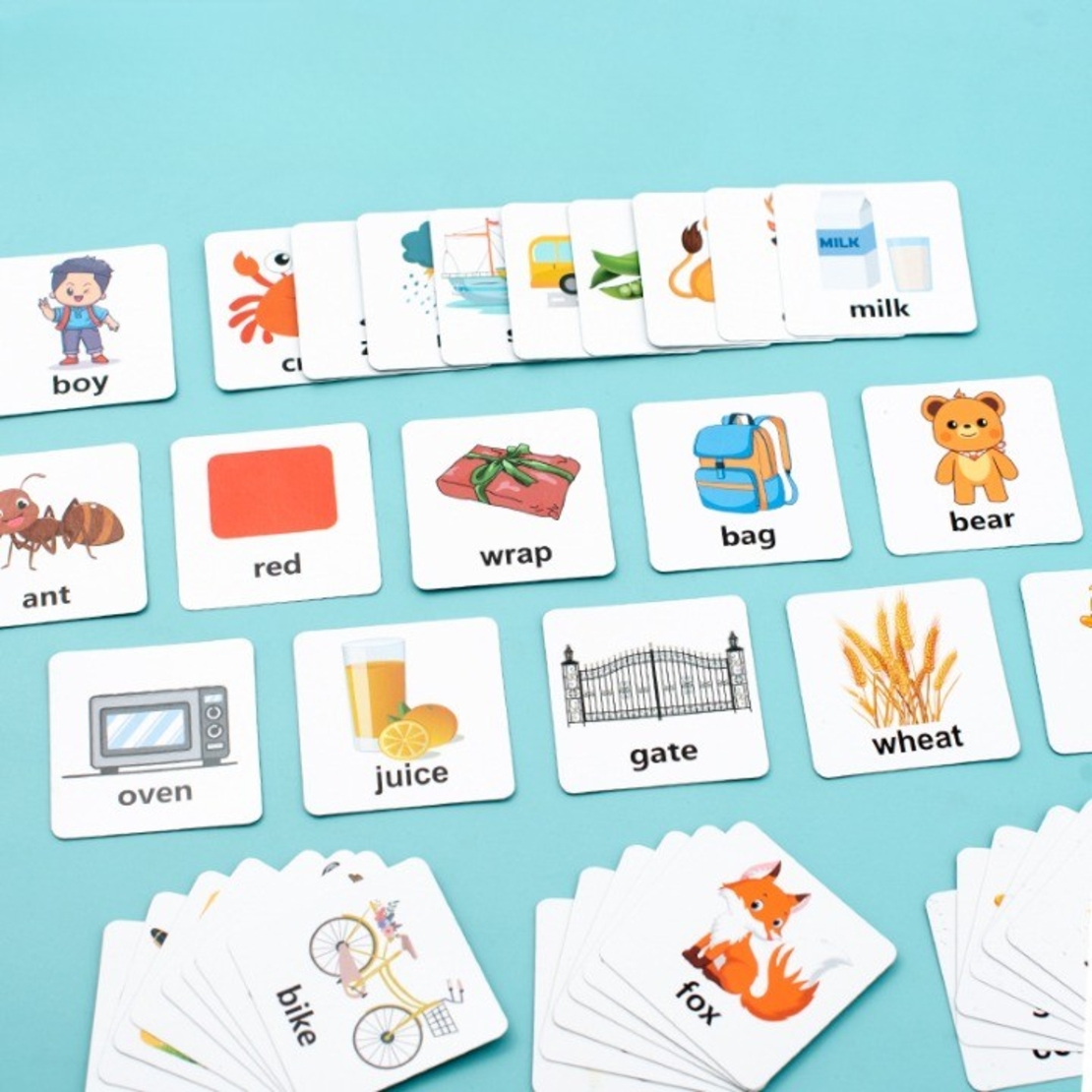 Joc cu Blocuri din Lemn, Flippy, Formare Cuvinte, Cartonase cu Obiecte si Animale, Clopotel, Joc pentru 4 Persoane, 3 Ani+, 28x15.5x5 cm, Multicolor