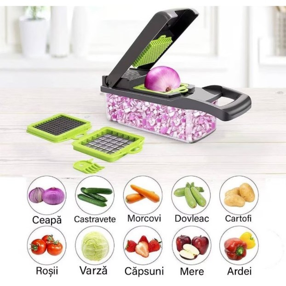 Feliator Multifunctional, Flippy, Razatoare, 8 in 1, pentru Fructe si Legume, 10 Piese, Lame de Inox, Recipient Stocare, Separator Oua, Protectie Mana, ABS, 32.2x11.3 cm, Verde/Gri