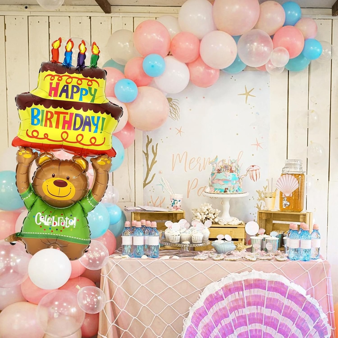 Balon din Folie Metalizata, Flippy, Figurine Animalute, Model Ursulet cu Tort Aniversar, 124x65 cm, Ambalaj Individual, Pai Inclus, Umflare cu Aer sau Heliu, Multicolor