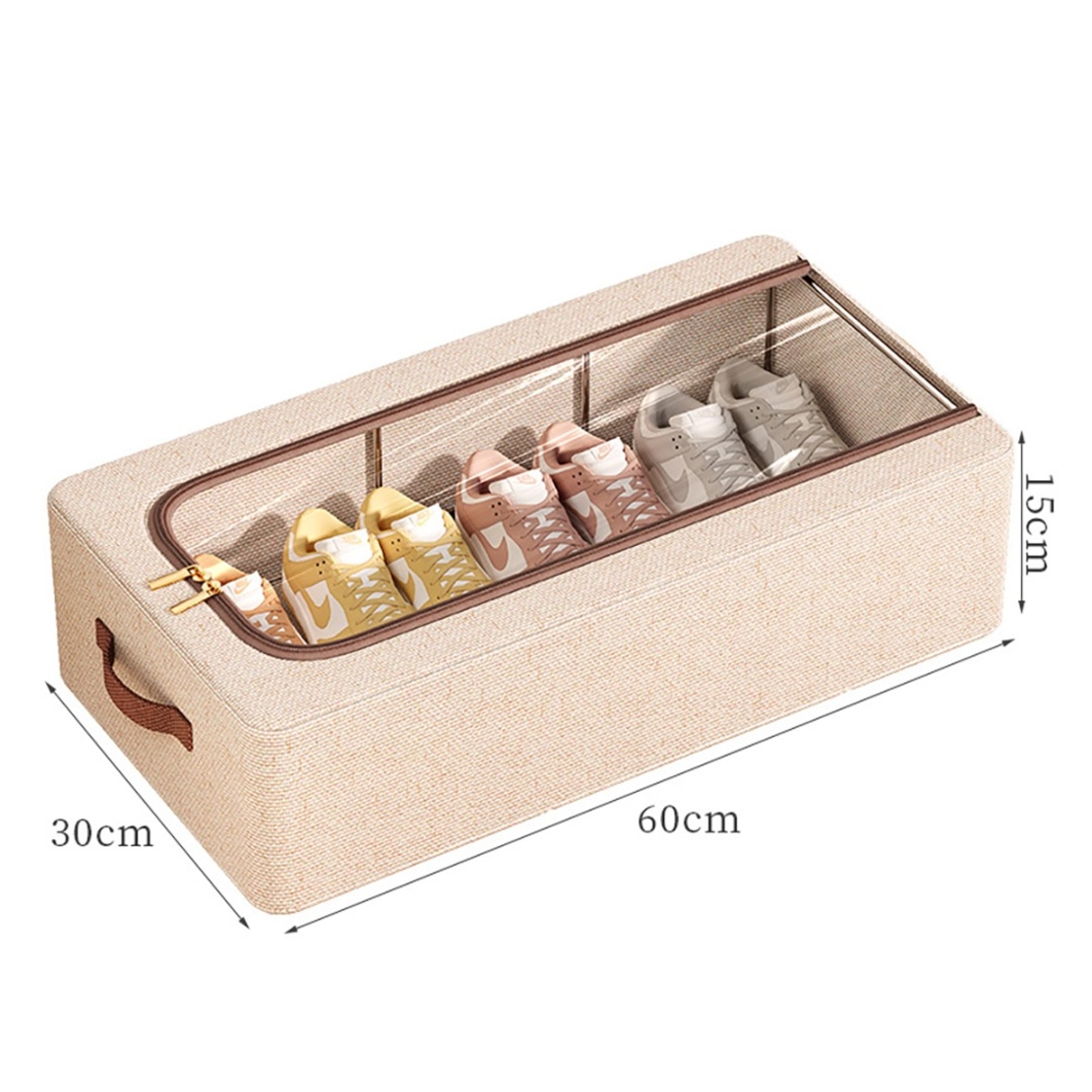 Cutie Depozitare cu Cadru Metalic, Flippy, pentru Incaltaminte, Haine, Lingerie, Fermoar Calitativ, Fereastra Transparenta, Manere Laterale, 60 x 30 x 15 cm Bej