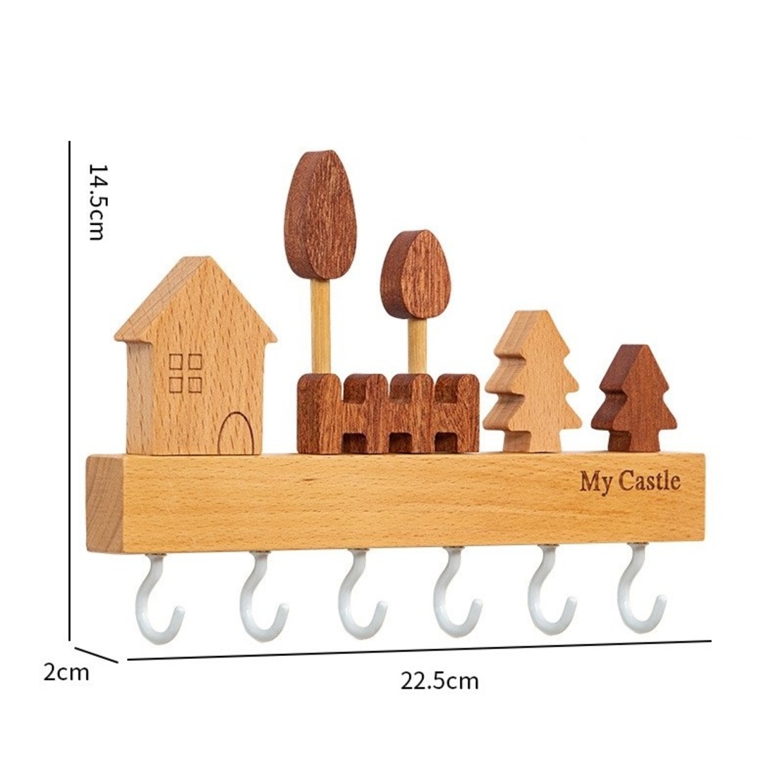 Suport pentru Chei, Flippy, din Lemn, Aplicare fara Perforare, Adeziv Inclus, 6 Carlige Albe, Model Casuta, Greutate Suportata 5 kg, 14.5 x 2 x 22.5 cm, Maro