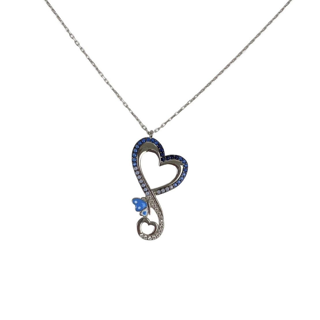 Colier din Argint 925, Inima si Fluture cu Zirconii Albastre 42 cm