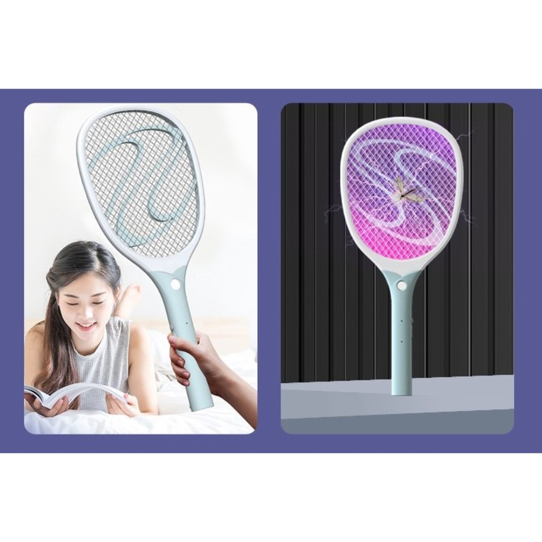 Paleta Electrica pentru Tantari, Muste sau Insecte LED, Flippy, Reincarcabila, Incarcare USB, Plastic, Casa si Gradina, Anti-insecte, Alb-Albastru