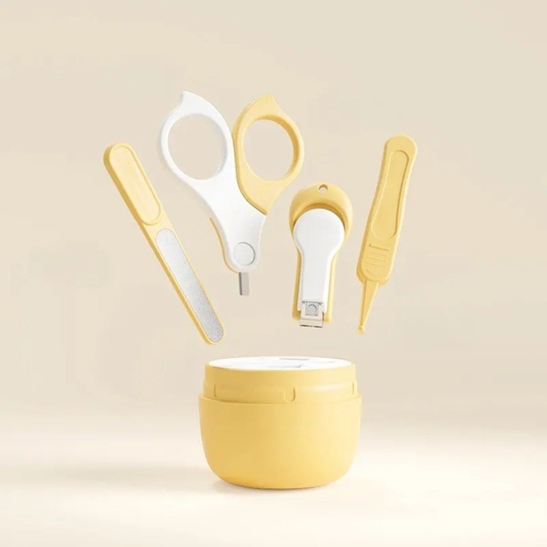 Set 4 Piese Ingrijire Unghii Bebelusi, Flippy, din ABS+Otel Inoxidabil, Cutie de Depozitare Tip Maimuta, de la 0 Luni, Galben